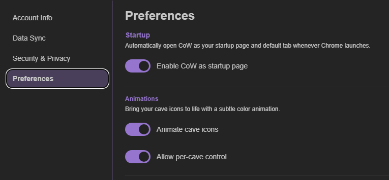 Caves of Wonders (CoW) Preferences page showing Animate Cave Icons and per-Cave animation controls
