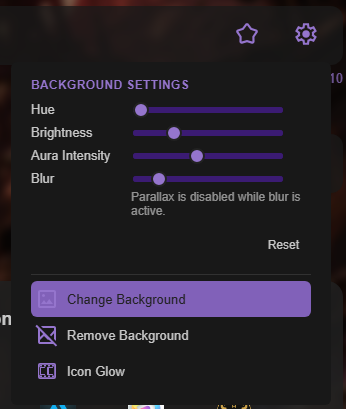 Caves of Wonders (CoW) Background Settings menu showing the Change Background option for personalizing a Cave