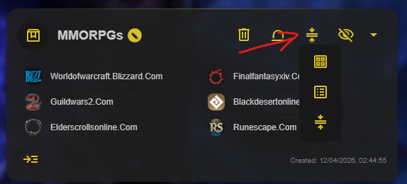 Caves of Wonders (CoW) Chest display menu showing icon, list, and compact-list layouts for saved bookmarks