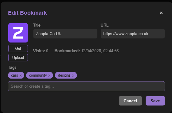 Caves of Wonders (CoW) Edit Bookmark window showing the Search or Create a Tag field for adding a bookmark tag