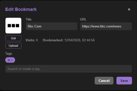 Caves of Wonders (CoW) Edit Bookmark window showing Get and Upload controls for a custom bookmark icon