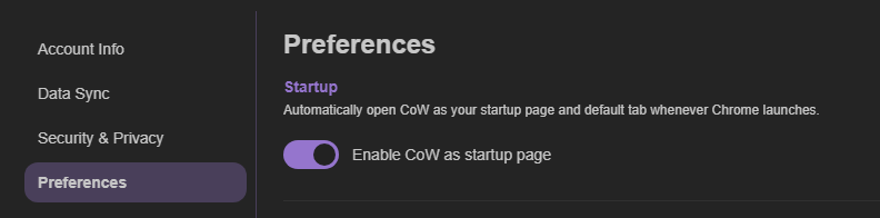 Caves of Wonders (CoW) enable the startup page Caves of Wonders (CoW) Preferences screen showing the startup-page setting