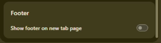 Chrome Customize panel showing the Show footer on new tab page toggle used with Caves of Wonders (CoW)