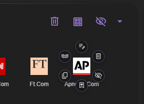 Caves of Wonders (CoW) icon-layout bookmark with its hover action menu for editing, hiding, and managing a saved link
