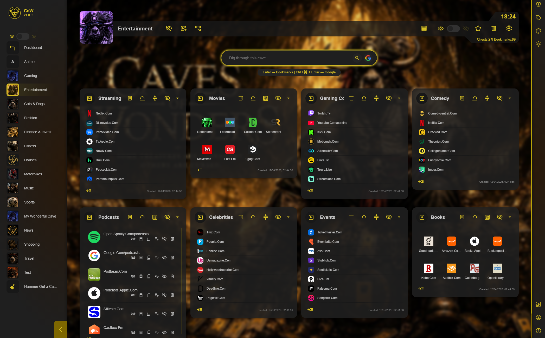 Caves of Wonders showing a Cars Cave with bookmark Chests before the browser screensaver starts