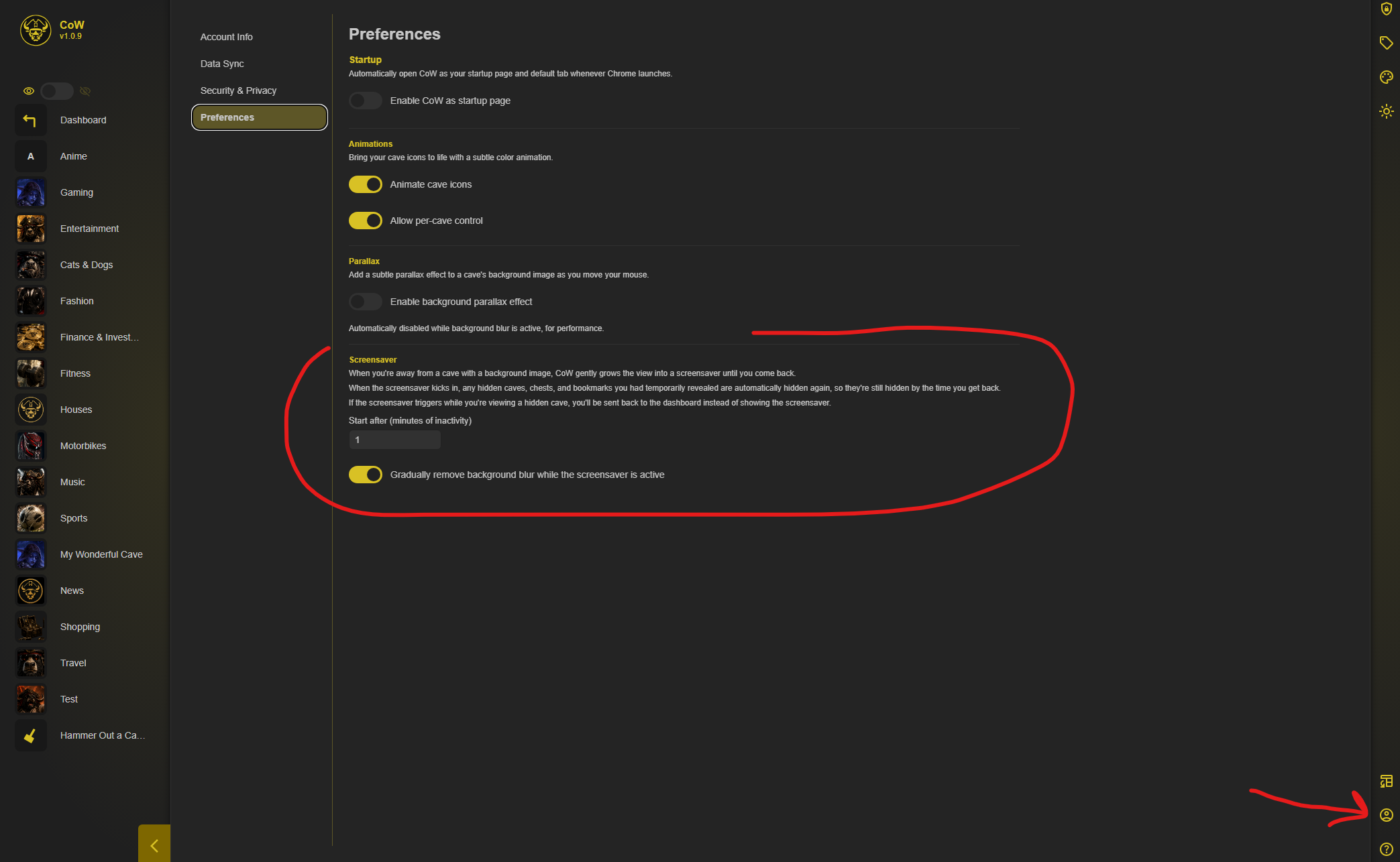 Caves of Wonders Preferences showing Screensaver settings for inactivity time and background blur
