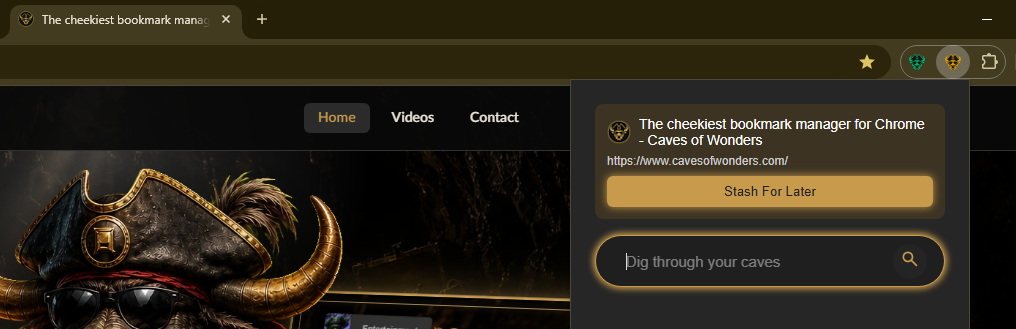 Caves of Wonders (CoW) bookmark manager popup showing the Stash For Later button used to save the current web page