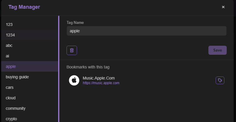 Caves of Wonders (CoW) Tag Manager showing a selected tag and the saved bookmarks assigned to it