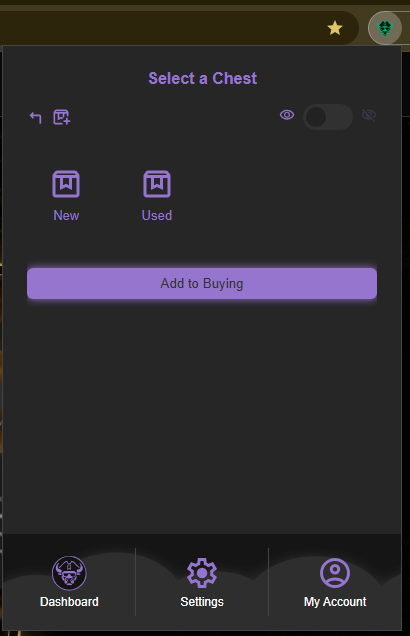Caves of Wonders (CoW) Select a Chest screen showing the Add to Buying button used to save a bookmark in the selected Chest