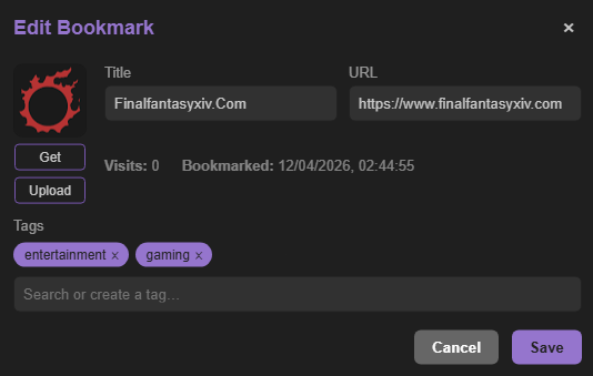 Caves of Wonders (CoW) Edit Bookmark window showing entertainment and gaming tags assigned to one saved bookmark