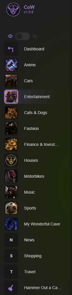 Caves of Wonders (CoW) sidebar showing separate Caves for bookmark collections such as anime, cars, entertainment, music, shopping, and travel
