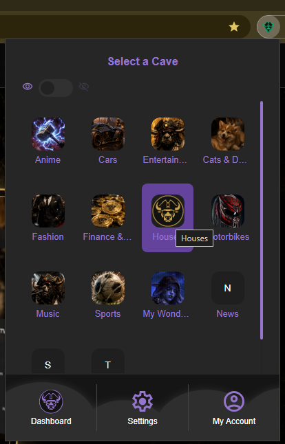 Caves of Wonders (CoW) Select a Cave screen showing a grid of bookmark collections for choosing where to save a new bookmark