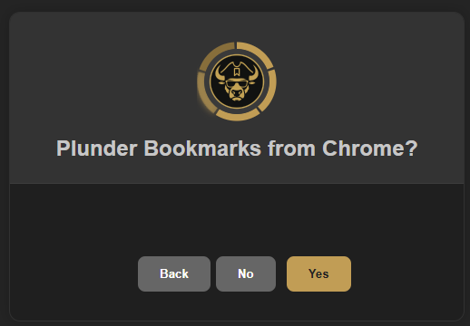 Caves of Wonders (CoW) setup screen asking whether to import bookmarks from Chrome, with Back, No, and Yes buttons