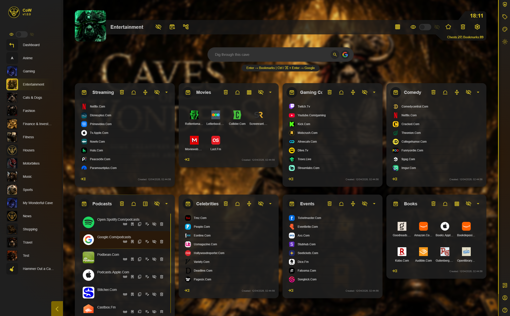 Caves of Wonders (CoW) showing a personalized Cave with organized bookmark Chests and collections