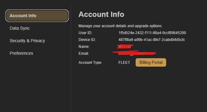 Caves of Wonders Account Info settings showing the email address for a Fleet account