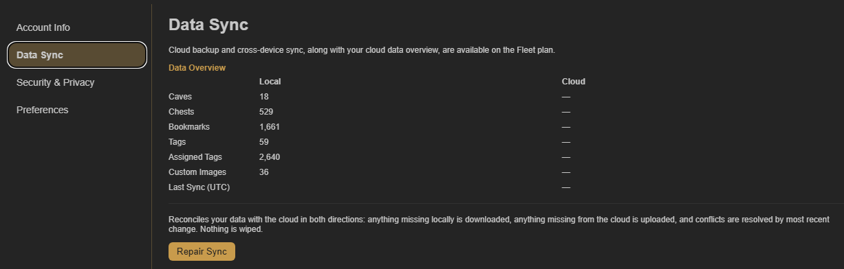 Caves of Wonders (CoW) Account Settings Data Sync screen showing local and cloud counts for Caves, Chests, bookmarks, tags, assigned tags, and custom images
