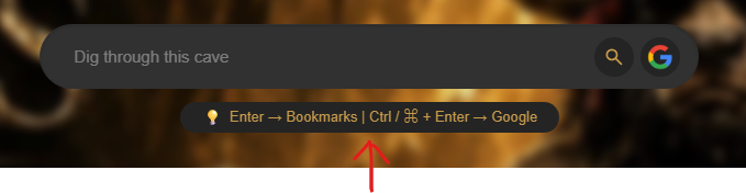 Caves of Wonders (CoW) Cave search bar showing the Ctrl or Command plus Enter shortcut for Google search