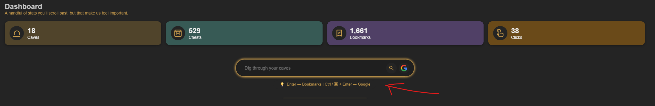 Caves of Wonders (CoW) Dashboard search bar showing the Ctrl or Command plus Enter Google shortcut