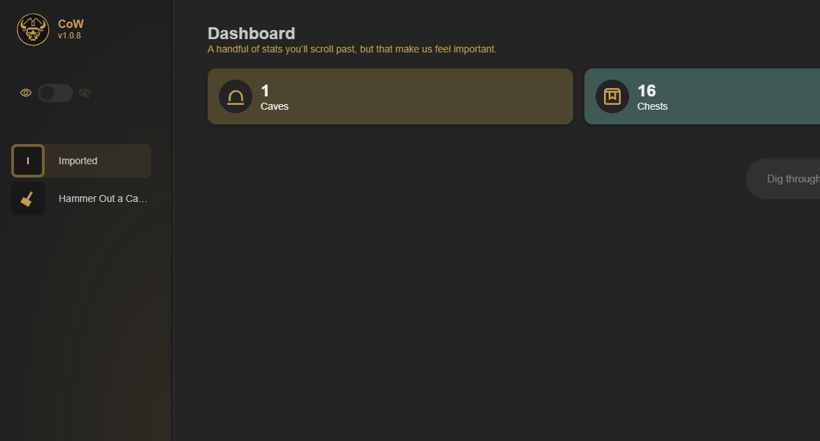 Caves of Wonders (CoW) Dashboard showing an Imported Cave created after importing Chrome bookmarks