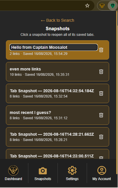 Caves of Wonders (CoW) Snapshots view showing the delete button beside each saved session