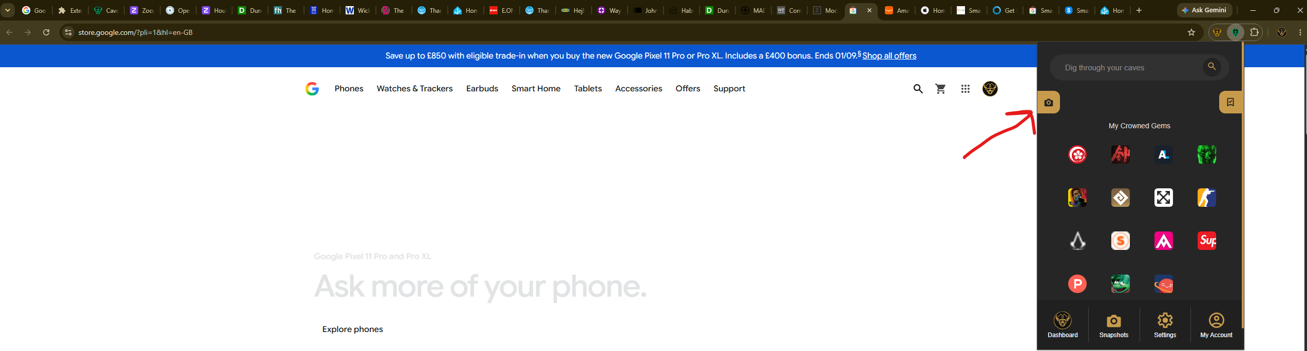 Chrome browser full of open tabs with the Caves of Wonders save snapshot control
